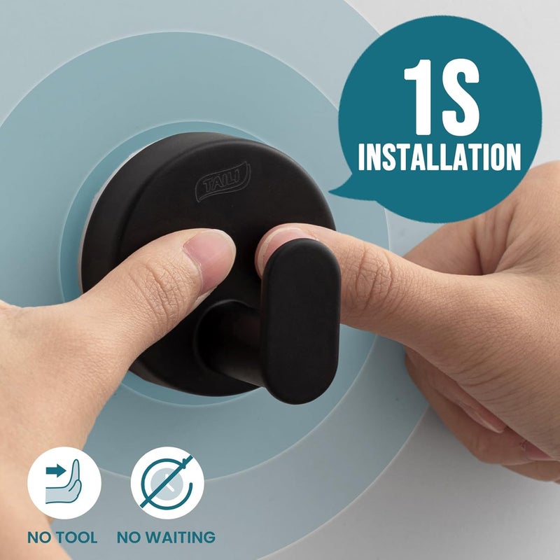 Taili 304 Stainless Steel Bathroom Suction Hooks for Towel, Bathrobe, Loofah, No Damage Hanging Glass Shower Wall Hook, Patented Strong Suction Cup Holder, Hold Up to 11 Lbs, 2 Pack, Black - Image 2
